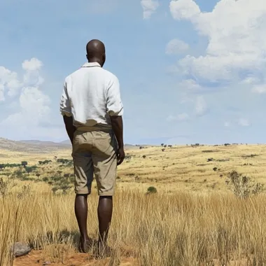 Photo realistic. Africa in the year 1914. A vibrant real scene in early 20th century East Africa. a male figure dressed as Kwai dresses, in a short sleeve white shirt tucked under khaki shorts. we see the whole man, from head to toe, looking tall and strong, looking towards the horizon. we see his back. He is wearing shoes.