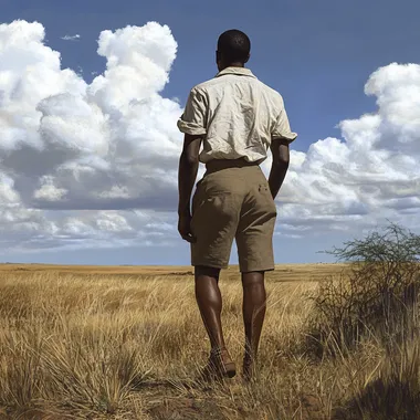 Photo realistic. Africa in the year 1914. A vibrant real scene in early 20th century East Africa. a male figure dressed as Kwai dresses, in a short sleeve white shirt tucked under khaki shorts. we see the whole man, from head to toe, looking tall and strong, looking towards the horizon. we see his back. He is wearing shoes.
