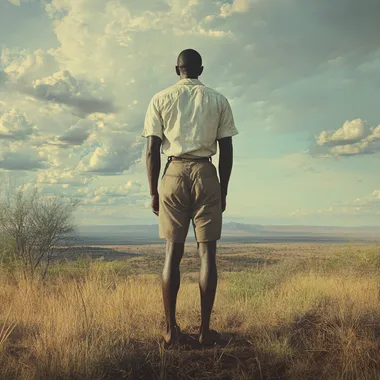 Photo realistic. Africa in the year 1914. A vibrant real scene in early 20th century East Africa. a male figure dressed as Kwai dresses, in a short sleeve white shirt tucked under khaki shorts. we see the whole man, from head to toe, looking tall and strong, looking towards the horizon. we see his back. He is wearing shoes.