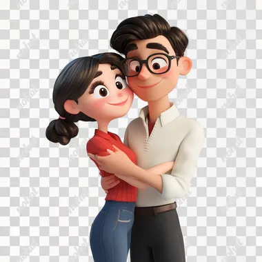 photo of a 3d disney pixar style cartoon full-length image of a couple in live with love hearts around them with a white background