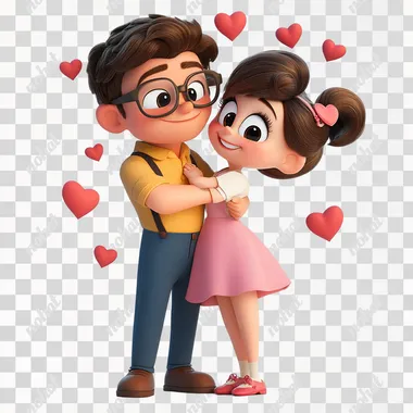 photo of a 3d disney pixar style cartoon full-length image of a couple in live with love hearts around them with a white background