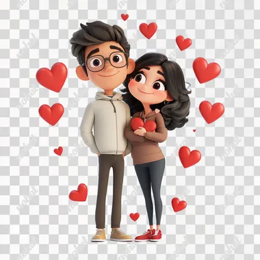 photo of a 3d disney pixar style cartoon full-length image of a couple in live with love hearts around them with a white background