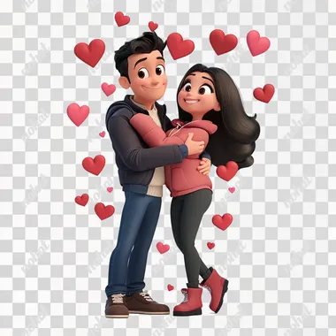 photo of a 3d disney pixar style cartoon full-length image of a couple in live with love hearts around them with a white background