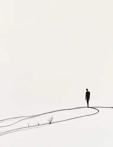 minimalist line drawing, one-line design of man walking on path towards horizon, white background, black ink, elegant