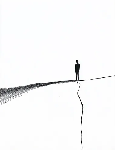 minimalist line drawing, one-line design of man walking on path towards horizon, white background, black ink, elegant
