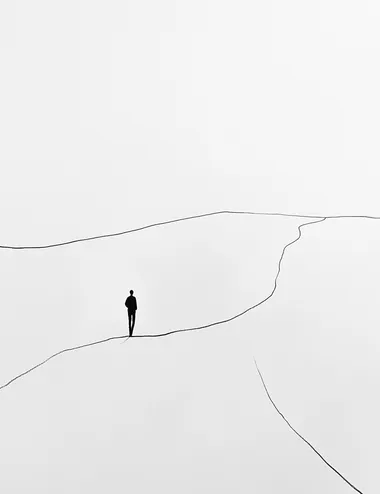 minimalist line drawing, one-line design of man walking on path towards horizon, white background, black ink, elegant