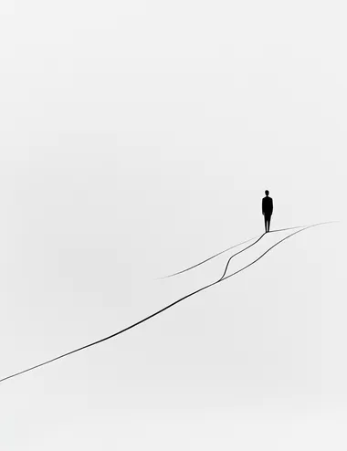 minimalist line drawing, one-line design of man walking on path towards horizon, white background, black ink, elegant