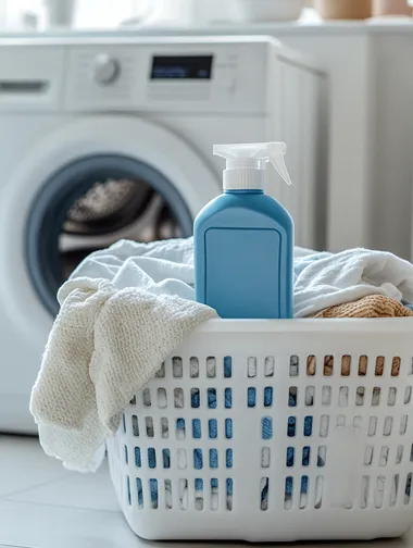Close-up of a laundry detergent bottle photo of a white plastic basket with a bunch of laundry, laundry in white, blue and beige colors, on the basket there is a large square matte blue bottle of washing gel, feed straight, minimalism, the basket is on the floor next to the washing machine, in the background there is a washing machine, the background is white, atmosphere of cleanliness, laundress banner, white basket.