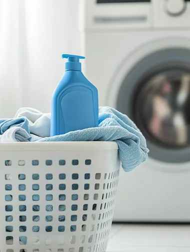 Close-up of a laundry detergent bottle photo of a white plastic basket with a bunch of laundry, laundry in white, blue and beige colors, on the basket there is a large square matte blue bottle of washing gel, feed straight, minimalism, the basket is on the floor next to the washing machine, in the background there is a washing machine, the background is white, atmosphere of cleanliness, laundress banner, white basket.