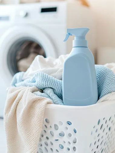 Close-up of a laundry detergent bottle photo of a white plastic basket with a bunch of laundry, laundry in white, blue and beige colors, on the basket there is a large square matte blue bottle of washing gel, feed straight, minimalism, the basket is on the floor next to the washing machine, in the background there is a washing machine, the background is white, atmosphere of cleanliness, laundress banner, white basket.