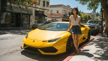 A casual smartphone snapshot of an East Asian woman in a short miniskirt stepping out of a yellow Lamborghini Huracn. Bright daylight, street parking, slightly tilted angle, realistic shadows, no filters.