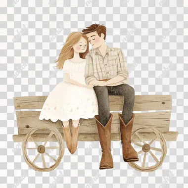 A whimsical western-themed illustration of a young couple in love, in a hand-painted watercolor style inspired by Jon Klassen, featuring a the couple sitting on a rustic wooden wagon. The young woman, in a soft white dress with pastel pink accents and cowboy boots, is leaning slightly against the man. The man, wearing a flannel and boots, has his arm resting casually around her shoulders. Rendered in muted pastel tones (white, pink, beige, gray) with delicate watercolor textures. Clean white isolated background, no shadow, high resolution, perfect for western couple-themed designs.