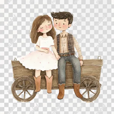 A whimsical western-themed illustration of a young couple in love, in a hand-painted watercolor style inspired by Jon Klassen, featuring a the couple sitting on a rustic wooden wagon. The young woman, in a soft white dress with pastel pink accents and cowboy boots, is leaning slightly against the man. The man, wearing a flannel and boots, has his arm resting casually around her shoulders. Rendered in muted pastel tones (white, pink, beige, gray) with delicate watercolor textures. Clean white isolated background, no shadow, high resolution, perfect for western couple-themed designs.