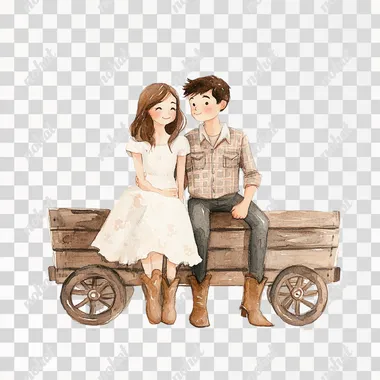 A whimsical western-themed illustration of a young couple in love, in a hand-painted watercolor style inspired by Jon Klassen, featuring a the couple sitting on a rustic wooden wagon. The young woman, in a soft white dress with pastel pink accents and cowboy boots, is leaning slightly against the man. The man, wearing a flannel and boots, has his arm resting casually around her shoulders. Rendered in muted pastel tones (white, pink, beige, gray) with delicate watercolor textures. Clean white isolated background, no shadow, high resolution, perfect for western couple-themed designs.
