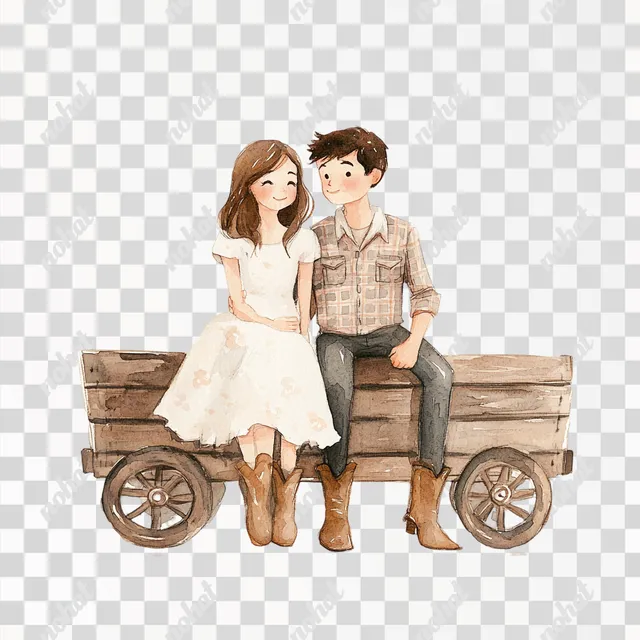 PNG Whimsical Western Couple on a Rustic Wagon in Watercolor Style