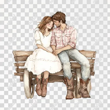 A whimsical western-themed illustration of a young couple in love, in a hand-painted watercolor style inspired by Jon Klassen, featuring a the couple sitting on a rustic wooden wagon. The young woman, in a soft white dress with pastel pink accents and cowboy boots, is leaning slightly against the man. The man, wearing a flannel and boots, has his arm resting casually around her shoulders. Rendered in muted pastel tones (white, pink, beige, gray) with delicate watercolor textures. Clean white isolated background, no shadow, high resolution, perfect for western couple-themed designs.