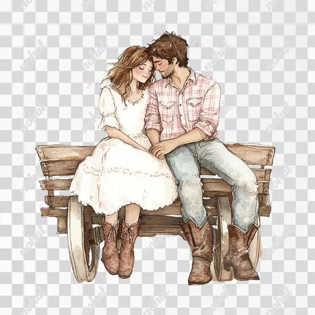 PNG Young couple in love on a rustic wagon, whimsical watercolor illustration