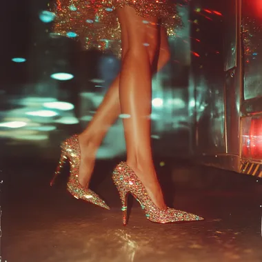 Capture a shot on a film camera, slightly blurred due to flash and movement. The photo should feature beautiful long legs wearing high-heeled shoes adorned with rhinestones. The shot is taken on Kodak Gold film.