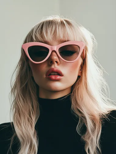 A stylish woman with a chic, blonde long haircut with soft waves and bangs, giving a modern, effortless look. She is wearing pink oversized sunglasses and a minimalist black top, creating a cool, understated aesthetic. The lighting is soft and natural, highlighting her sharp jawline and flawless skin. The overall vibe is sleek and edgy, evoking an air of effortless NYC cool with a slightly rebellious, downtown feel. Ultra realistic.