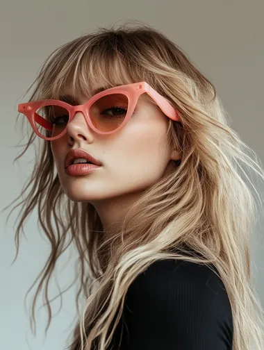 A stylish woman with a chic, blonde long haircut with soft waves and bangs, giving a modern, effortless look. She is wearing pink oversized sunglasses and a minimalist black top, creating a cool, understated aesthetic. The lighting is soft and natural, highlighting her sharp jawline and flawless skin. The overall vibe is sleek and edgy, evoking an air of effortless NYC cool with a slightly rebellious, downtown feel. Ultra realistic.