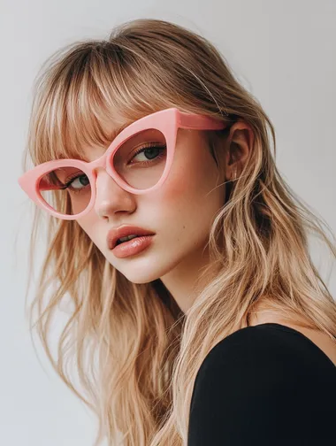 A stylish woman with a chic, blonde long haircut with soft waves and bangs, giving a modern, effortless look. She is wearing pink oversized sunglasses and a minimalist black top, creating a cool, understated aesthetic. The lighting is soft and natural, highlighting her sharp jawline and flawless skin. The overall vibe is sleek and edgy, evoking an air of effortless NYC cool with a slightly rebellious, downtown feel. Ultra realistic.