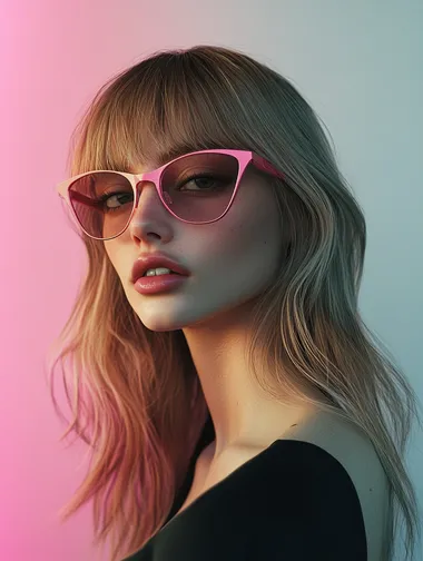 A stylish woman with a chic, blonde long haircut with soft waves and bangs, giving a modern, effortless look. She is wearing pink oversized sunglasses and a minimalist black top, creating a cool, understated aesthetic. The lighting is soft and natural, highlighting her sharp jawline and flawless skin. The overall vibe is sleek and edgy, evoking an air of effortless NYC cool with a slightly rebellious, downtown feel. Ultra realistic.