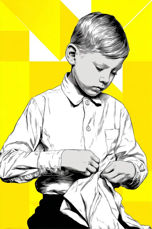 Frustrated Kid Buttoning Shirt in Noir Style