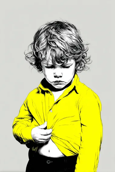 a dissheveled kid is buttoning a shirt, frustrated, in the style of comic book noir, minimalist outlines, david nordahl, bill watterson, monochromatic minimalist portraits, kidcore, rough-edged 2d animation, a triangle background in the style of de stijl on canvas, black, white, bright yellow color scheme