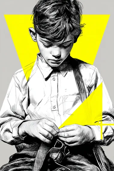 a dissheveled kid is buttoning a shirt, frustrated, in the style of comic book noir, minimalist outlines, david nordahl, bill watterson, monochromatic minimalist portraits, kidcore, rough-edged 2d animation, a triangle background in the style of de stijl on canvas, black, white, bright yellow color scheme