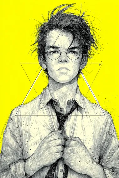 a dissheveled kid is buttoning a shirt, frustrated, in the style of comic book noir, minimalist outlines, david nordahl, bill watterson, monochromatic minimalist portraits, kidcore, rough-edged 2d animation, a triangle background in the style of de stijl on canvas, black, white, bright yellow color scheme