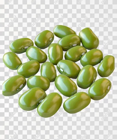 A mung bean, rendered with real textures and a white background. The beans are oval in shape with visible seed teeth on the surface. It is depicted as a solid, high quality, oc rendered without any internal structure or reflection  --s 250