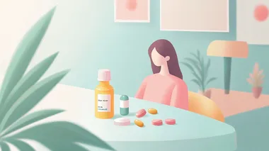 Minimalism illustration of a woman alternating between capsule and liquid fever reducers, in a cozy living room, pastel color scheme, simple