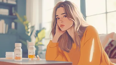 Minimalism illustration of a woman alternating between capsule and liquid fever reducers, in a cozy living room, pastel color scheme, simple