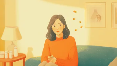 Minimalism illustration of a woman alternating between capsule and liquid fever reducers, in a cozy living room, pastel color scheme, simple