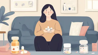 Minimalism illustration of a woman alternating between capsule and liquid fever reducers, in a cozy living room, pastel color scheme, simple
