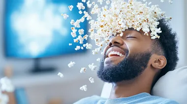 A dimly lit living room with a man slouched on a chair, his head a bucket of popcorn spilling onto his shoulders. His eyes, if visible, are fixated on a bright TV screen, his laughter echoing in the room, remote in hand, minimalism, Award winner photography, realistic, stock photo, Hasselblad H6D camera,80mm lens,F22,1/1000 sec, blurred background, pastel tones, minimalism, soft, airy, negative space, high quality, hd, 16k, --s 350     iaevtzf