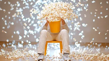 A dimly lit living room with a man slouched on a chair, his head a bucket of popcorn spilling onto his shoulders. His eyes, if visible, are fixated on a bright TV screen, his laughter echoing in the room, remote in hand, minimalism, Award winner photography, realistic, stock photo, Hasselblad H6D camera,80mm lens,F22,1/1000 sec, blurred background, pastel tones, minimalism, soft, airy, negative space, high quality, hd, 16k, --s 350     iaevtzf