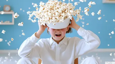 A dimly lit living room with a man slouched on a chair, his head a bucket of popcorn spilling onto his shoulders. His eyes, if visible, are fixated on a bright TV screen, his laughter echoing in the room, remote in hand, minimalism, Award winner photography, realistic, stock photo, Hasselblad H6D camera,80mm lens,F22,1/1000 sec, blurred background, pastel tones, minimalism, soft, airy, negative space, high quality, hd, 16k, --s 350     iaevtzf