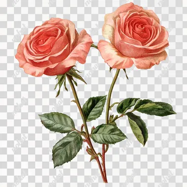 art nouveau vintage two coral roses on one single stem, white background