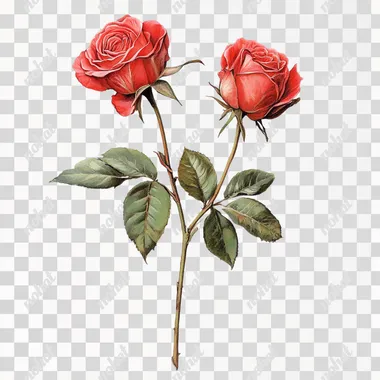 art nouveau vintage two coral roses on one single stem, white background