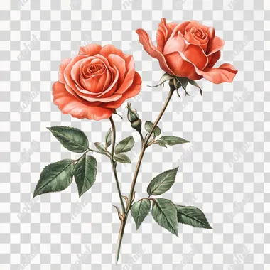 art nouveau vintage two coral roses on one single stem, white background