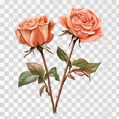 art nouveau vintage two coral roses on one single stem, white background