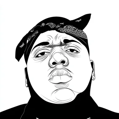 your the best graphic design, and portrait artist in the world, you were hired to draw the portrait of The face of American rapper The Notorious B.I.G. as adult, hip-hop, looking forward, revolution in his eyes, stoic, iconic, with a black bandana, clean white background, in the style of precise lines and contours, graphic illustrations, multilayered, made of wire, realistic, vector, your best work, award winning, rolling stone magazine cover, hyperdetailed celebrity-portrait, , --raw