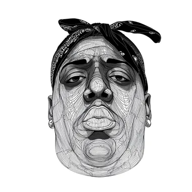 your the best graphic design, and portrait artist in the world, you were hired to draw the portrait of The face of American rapper The Notorious B.I.G. as adult, hip-hop, looking forward, revolution in his eyes, stoic, iconic, with a black bandana, clean white background, in the style of precise lines and contours, graphic illustrations, multilayered, made of wire, realistic, vector, your best work, award winning, rolling stone magazine cover, hyperdetailed celebrity-portrait, , --raw