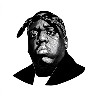 your the best graphic design, and portrait artist in the world, you were hired to draw the portrait of The face of American rapper The Notorious B.I.G. as adult, hip-hop, looking forward, revolution in his eyes, stoic, iconic, with a black bandana, clean white background, in the style of precise lines and contours, graphic illustrations, multilayered, made of wire, realistic, vector, your best work, award winning, rolling stone magazine cover, hyperdetailed celebrity-portrait, , --raw