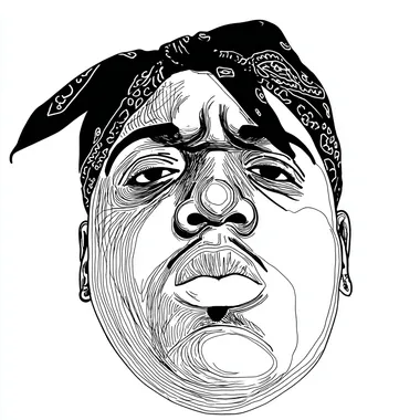 your the best graphic design, and portrait artist in the world, you were hired to draw the portrait of The face of American rapper The Notorious B.I.G. as adult, hip-hop, looking forward, revolution in his eyes, stoic, iconic, with a black bandana, clean white background, in the style of precise lines and contours, graphic illustrations, multilayered, made of wire, realistic, vector, your best work, award winning, rolling stone magazine cover, hyperdetailed celebrity-portrait, , --raw