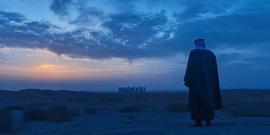 saudi king, back shot, standing in a windy desert, blue hour, futristc buildings of Ditaiyah raising from the ground
