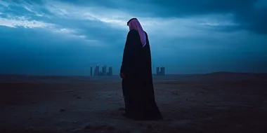 saudi king, back shot, standing in a windy desert, blue hour, futristc buildings of Ditaiyah raising from the ground