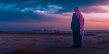 saudi king, back shot, standing in a windy desert, blue hour, futristc buildings of Ditaiyah raising from the ground