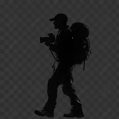Silhouette of a traveler photographer,full length, black on white background